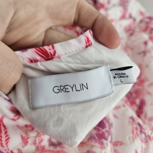 Greylin Pink Floral Eyelet Puff Sleeve Tiered Midi Dress Romantic Cottagecore L - Picture 5 of 6